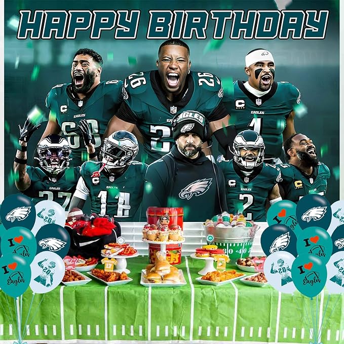 American Football Birthday Party Decoration,Photo Background 5 x 3 FT, 18 Pcs Balloons,Philadelphia Merch Party Backdrop Supplies