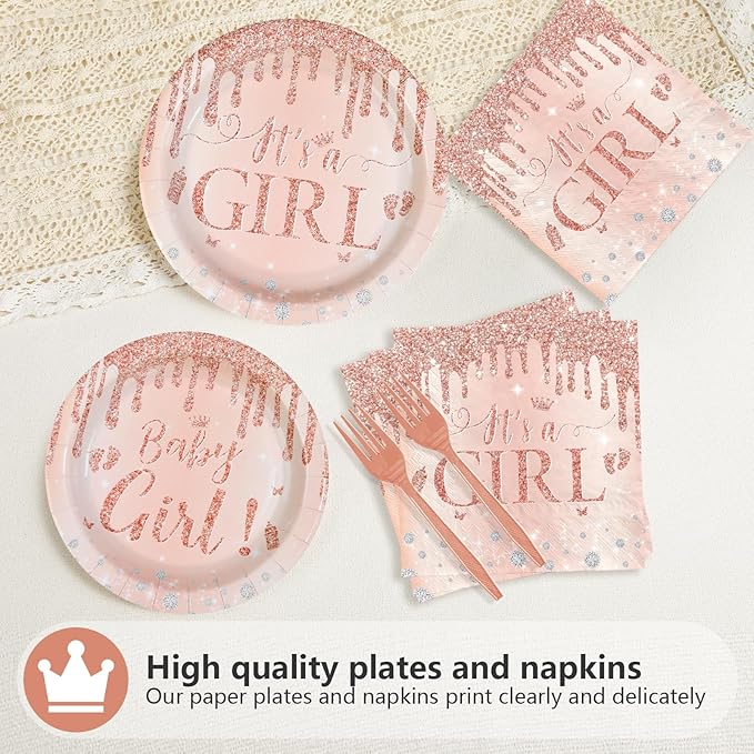96Pcs It's a Girl Baby Shower Party Supplies Diamond Rose Gold Plates and Napkins Pink Gold Theme Disposable Paper Tableware Set for Girl Gender Reveal Baby Shower Party Decoration Serves 24