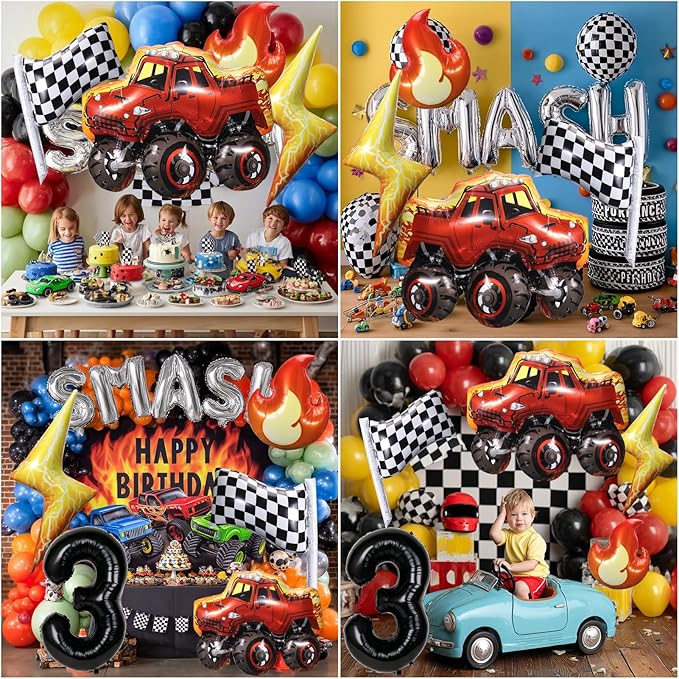 Truck Number 3 Balloons, Huge Truck Flags Lightning Flame Stars Aluminum Foil Balloons for 3rd Birthday, Race Car Theme Party Decorations Supplies