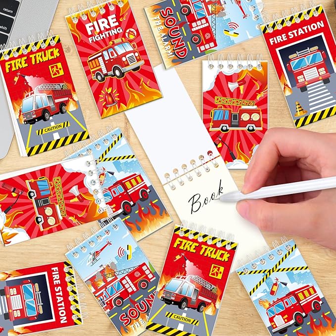 122PCS Fire Truck Party Favors, 50 Stickers, 12 Assemble Stickers, 12 Button Badges, 12 Mini Notepads, 12 Slap Bracelets, 12 Rubber Bracelets, 12 Goodie Bags for Firefighter Firetruck Party Supplies