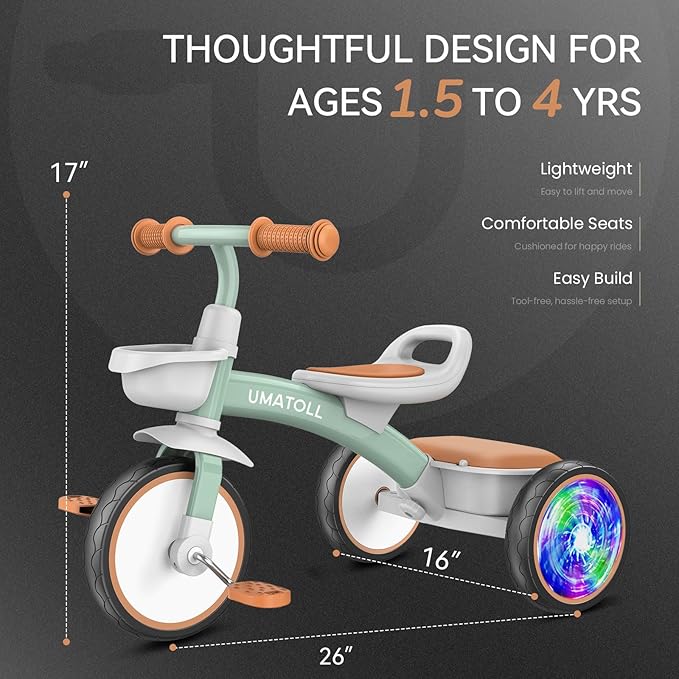 Umatoll Toddler Tricycle for 18 Month to 4 Year Old Boys Girls,Toddler Bike Toys with Adjustable Seat&Light-Up Wheels,Birthday Gift for Age 2-3 (Green)