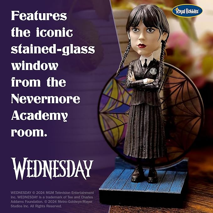 Royal Bobbles Wednesday Addams with Nevermore Academy Stained Glass Window – 6.75 Inches Tall – Collectible Bobblehead Statue