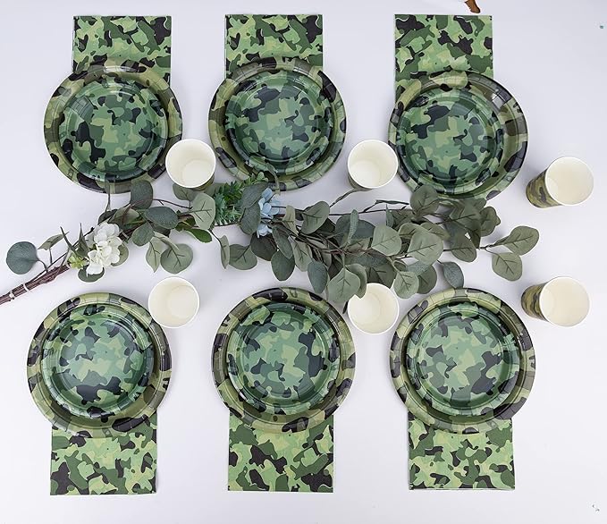 Camouflage Party Supplies Tableware Set Including Camouflage Paper Plates Cups Napkins Straws Serves 16 for Birthday Baby Shower Party