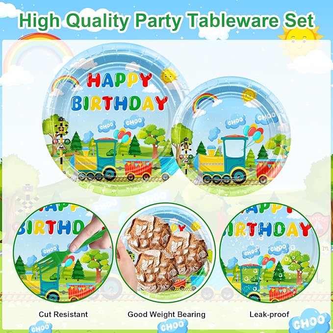 Avezano 168 PCS Train Birthday Party Supplies Includes Paper Plates, Cups, Napkins, Knives, Forks, Spoons for Chuagaa Train Birthday Party Decorations, Serves 24
