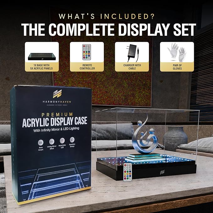 HarmonyHaven Premium Acrylic Display Case with Infinity Mirror & Multi-Color LED Lighting - Sturdy 4mm Design, Remote-Controlled Lights, Simple Assembly - Collectibles, Action Figures, Sports Figures