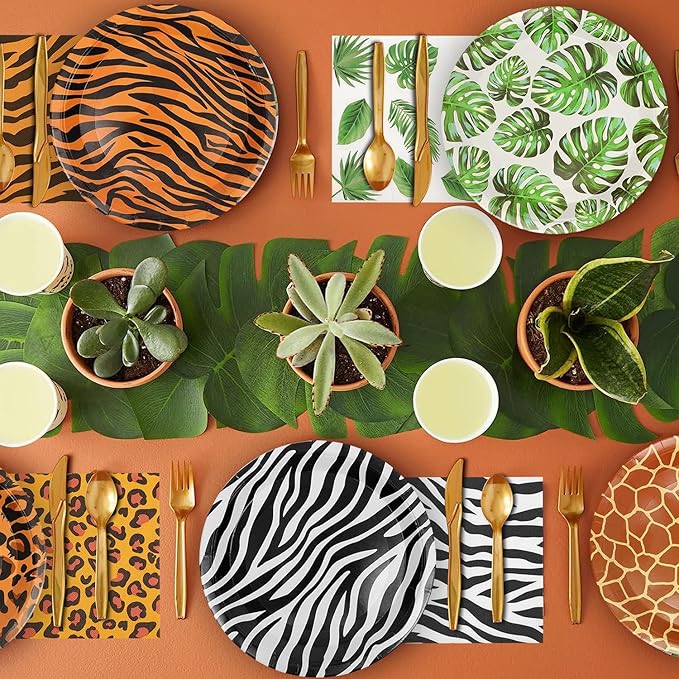 100Pcs Jungle Safari Wild Animal Party Supplies Disposable jungle zoo animal Print Paper Plates and Napkins for Birthday Party, Baby Shower and jungle safari theme party decorations