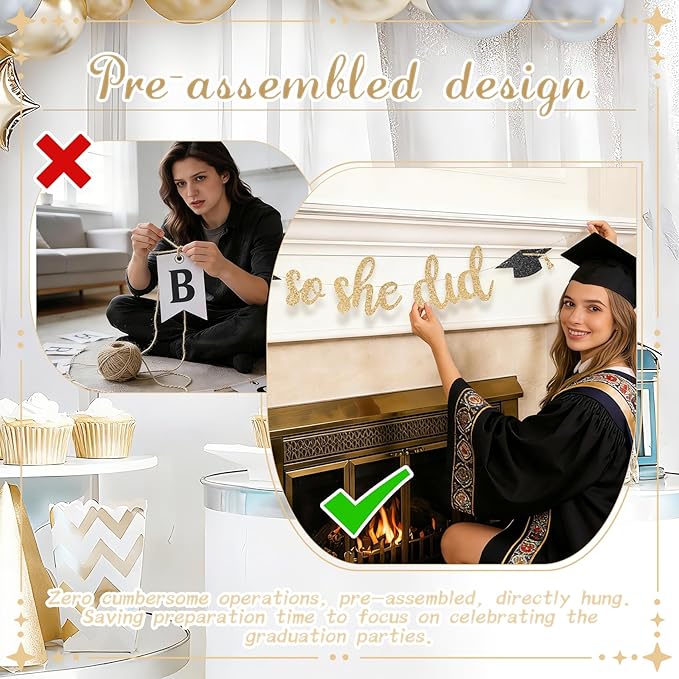 She Believed She Could So She Did Banner - Pre-Strung Glitter Graduation Decorations 2026 for Women Girls, Inspirational Grad Party Supplies, Class of 2026 College High School Masters PhD Decor (Champagne Gold)