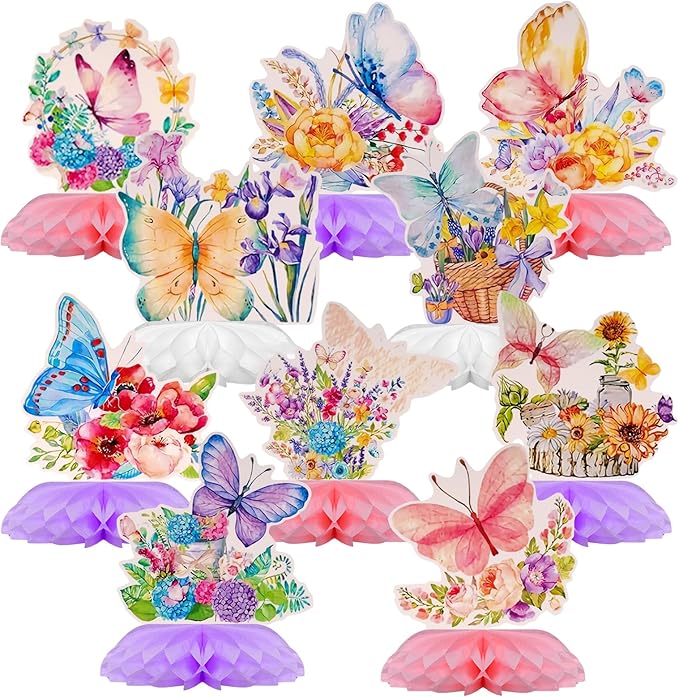 10Pcs Butterfly Centerpieces for Tables Butterfly Flowers Centerpieces Spring Honeycomb Table Decor Spring Flower Toppers for Birthday Party Supplies