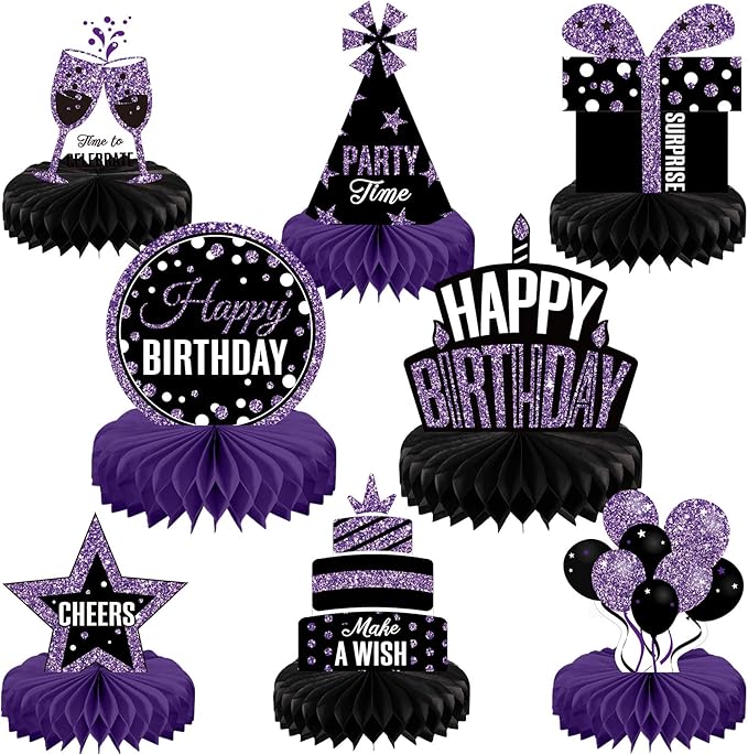 Pajean 8 Pieces Purple and Black Birthday Party Honeycomb Centerpieces Purple Black Table Centerpieces Decorations Table Centerpiece Sign for Kids Adults Party Supplies