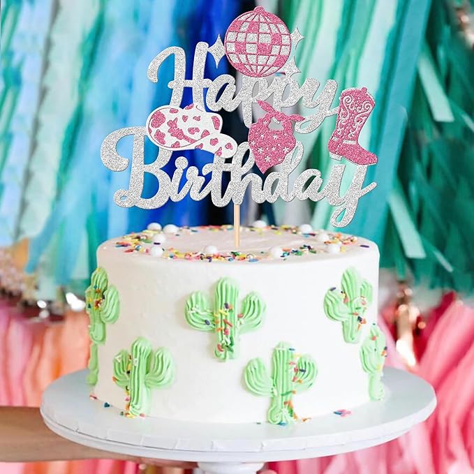 1 PCS Cowgirl Happy Birthday Cake Topper Glitter Western Cowgirl Birthday Cake Pick Hat Boot Disco Cowgirl Cake Decorations for Western Cowgirl Rodeo Theme Girls Birthday Party Supplies Silver
