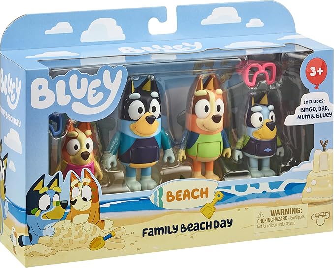 Bluey Toys 4-Pack Exclusive 2.5-3" Chilli, Bingo, Bandit Beach Figurines, Poseable Figures with Bag Outdoor Beach Toy for Kids Accessory