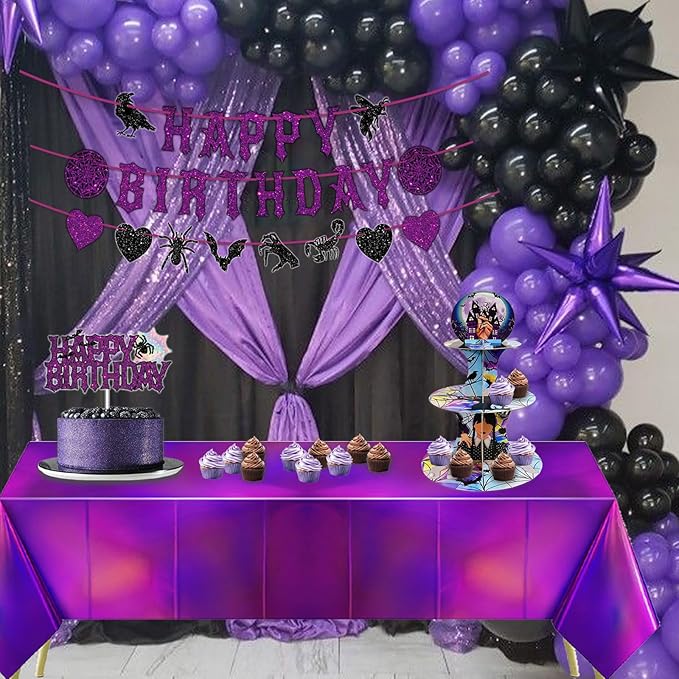 Purple and Black Birthday Decorations, Halloween Birthday Party Decorations Gothic Decor, Black Purple Glitter Spooky Photo Booth Prop Backdrop for Girls, Gothic Inspired Party Supplies Set Include Banner, Cake Toppers, Tablecloth 54" x 108"