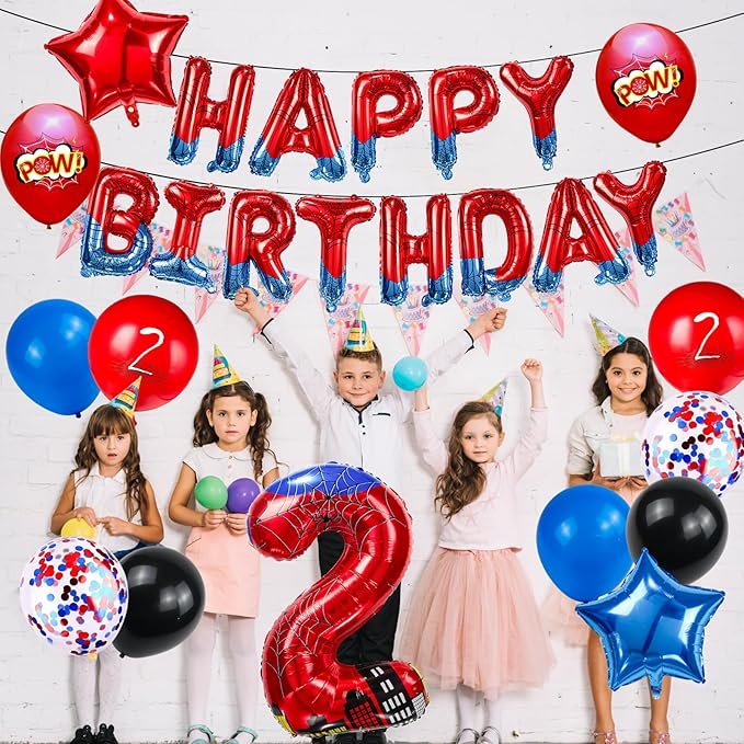 Cartoon Hero 40 Inch Red and Blue Spider Theme Number Foil Birthday Decoration Balloon, Spider Theme Happy Birthday Banner Party Decoration Balloon, Letter Logo Superhero Party Supplies (2)