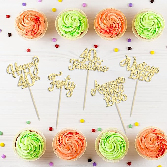 30Pcs Vintage 1986 Cupcake Toppers Glitter Forty Happy 40th Birthday 40 Fabulous Cupcake Picks Cheers to 40 Years for 40th Birthday Wedding Anniversary Party Cake Decorations Supplies Gold