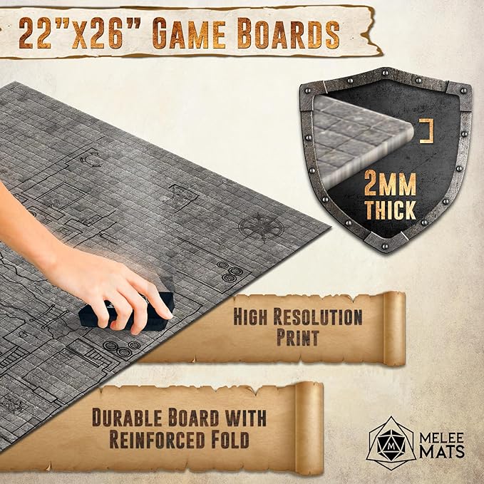 Melee Mats DND Map Starter Set - 22” x 26" Double Sided, Wet & Dry Erase Battle Terrain Grid for Dungeons and Dragons - Tabletop Board Gaming Kit with Accessories
