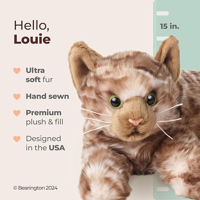 Bearington Louie The Realistic Cat Stuffed Animal - 15" Brown Tabby Cat Plush Toy with Soft Plush Fur - Adorable Lifelike Design Plush Kitty for Kids, Collectors, and Feline Lovers