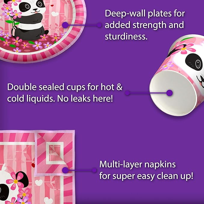 Pink Panda Birthday Party Supplies Set Plates Napkins Cups Tableware Kit for 16