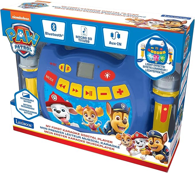 LEXiBOOK – Paw Patrol - Portable Karaoke Digital Player for Kids – Microphones, Light Effects, Bluetooth, Record and Voice Changer Functions, Rechargeable Battery, Blue/red, MP320PAZ