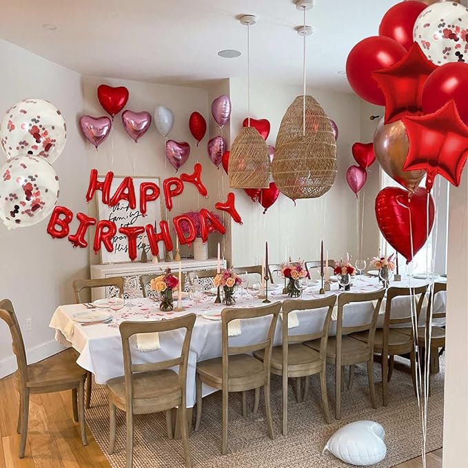 27 Pcs Red Birthday Decorations, 3D Foil Red Happy Birthday Balloon Banner, Pentagram Heart Foil Balloons Confetti Balloons Kit For Boys Girls Birthday Party Supplies