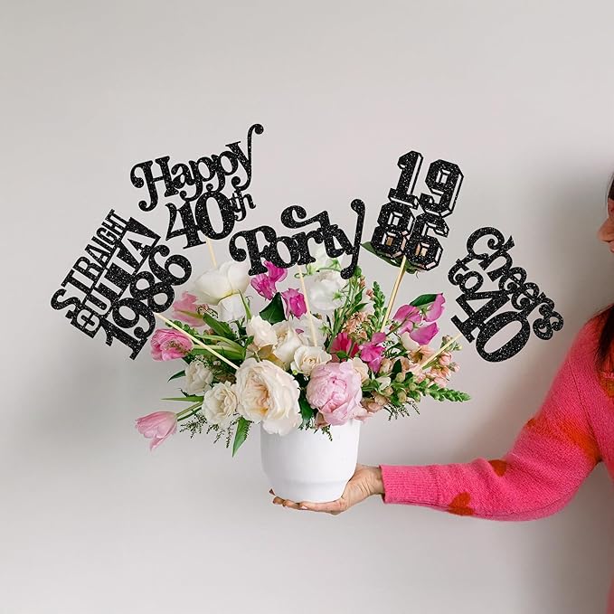 Gyufise 15Pcs Happy 40th Birthday Centerpiece Sticks Forty Straight Outta 1986 Table Flower Centerpieces Sticks Cheers to 40 Decorations for 40th Birthday Party Supplies Black