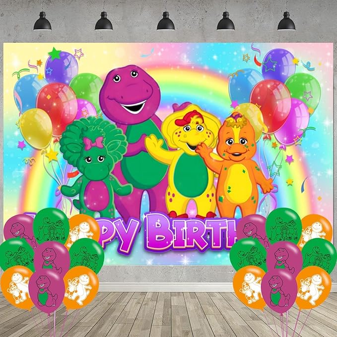 𝓑𝓪𝓻𝓷𝓮𝔂 Birthday Party Decoration, Photo Background 5 x 3 FT, 18 Pcs Balloons, 𝓑𝓪𝓻𝓷𝓮𝔂 Merch Party Backdrop Supplies