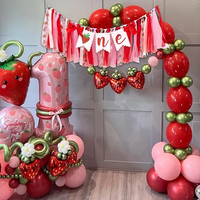 Strawberry One High Chair Banner - Strawberry 1st Birthday Party Decoration, Sweet Berry First Birthday Party Supplies, Berry Sign Anniversary Photo Background Props(Strawberry one banner red)