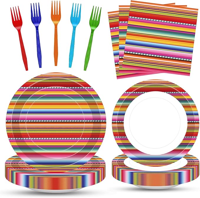 100 Pcs Mexican Fiesta Tableware Party Supplies Set, Serves 25 – Disposable Colorful Serape Striped Paper Plates, Napkins, and Forks, Cinco de Mayo, Taco Tuesday, Fiesta and Day of the Dead Decoration