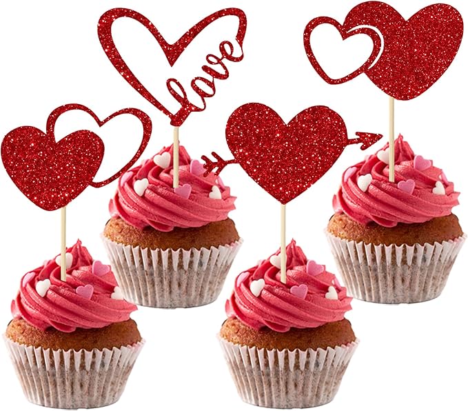 Valentines Cupcake Toppers, 24 PCS Glitter Red Heart Cupcake Picks, Valentines Cake Decorations Heart Love Food Picks Cupcakes Toppers for Valentine's Day Party Decorations Supplies