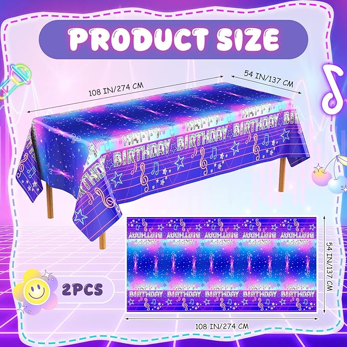 2 Pcs Birthday Party Decorations Plastic Cute Birthday Tablecloth 108 x 54 Inches Disposable Rectangle Tablecover for Boys Girls Kids Baby Shower Party Supplies (Music)