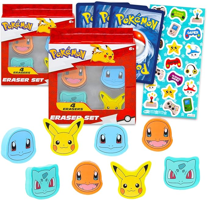 Pokemon Party Favor Set - Bundle with 8 Pokemon Erasers Featuring Pikachu, Squirtle, Bulbasaur, Charmander Plus Pokemon Cards, More | Pokemon Party Supplies Kit for Kids, Boys, Girls