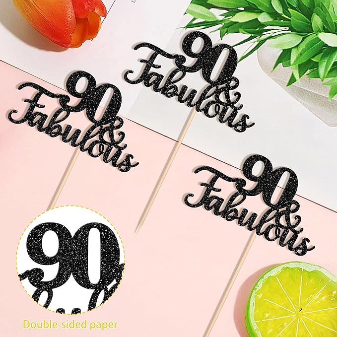 12 PCS 90 and Fabulous Centerpiece Sticks Double Sided Happy 90th Birthday Table Flower Centerpieces Sticks Cheers to 90 Floral Decorations for 90th Birthday Anniversary Party Supplies Black