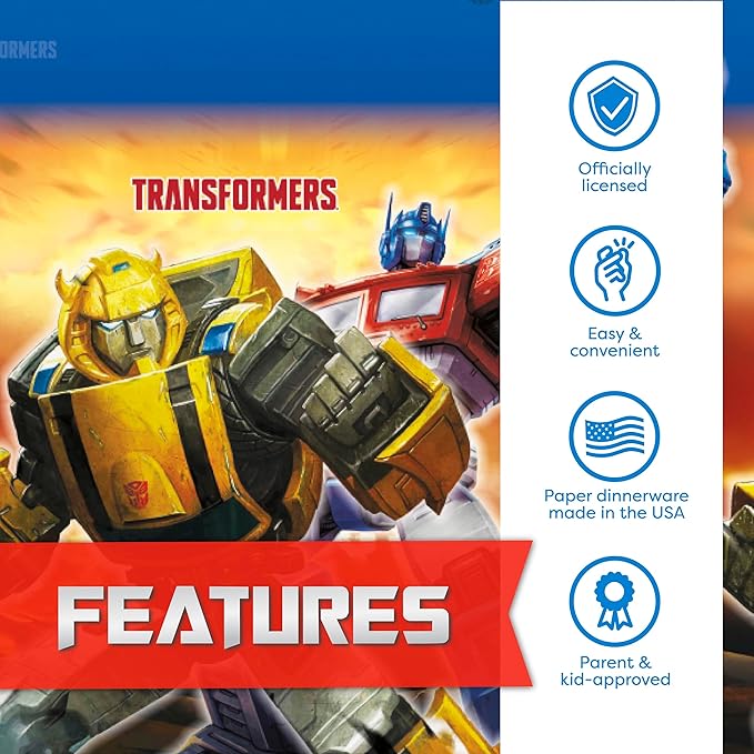 Transformers Birthday Party Supplies - Serves 16 | Transformer Tablecover, Plates, Napkins, Cups, Tattoo Party Favors, Buttons