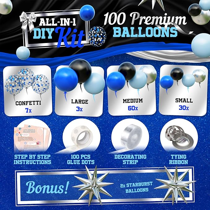 ALL-IN-1 Blue and Black Balloons Arch Kit with BONUS Starbursts – Small & Large Silver Black Blue balloons – Light, Navy, Royal Blues & Blacks Party Decorations for Baby, Graduation, Birthday, Gaming