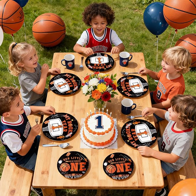 96Pcs Basketball 1st Birthday Party Supplies My Rookie Year First Plates and Napkins Disposable Basketball Theme 1st Tableware Set for Boys Kids One Year Old Baby Shower Party Decorations，Serves 24