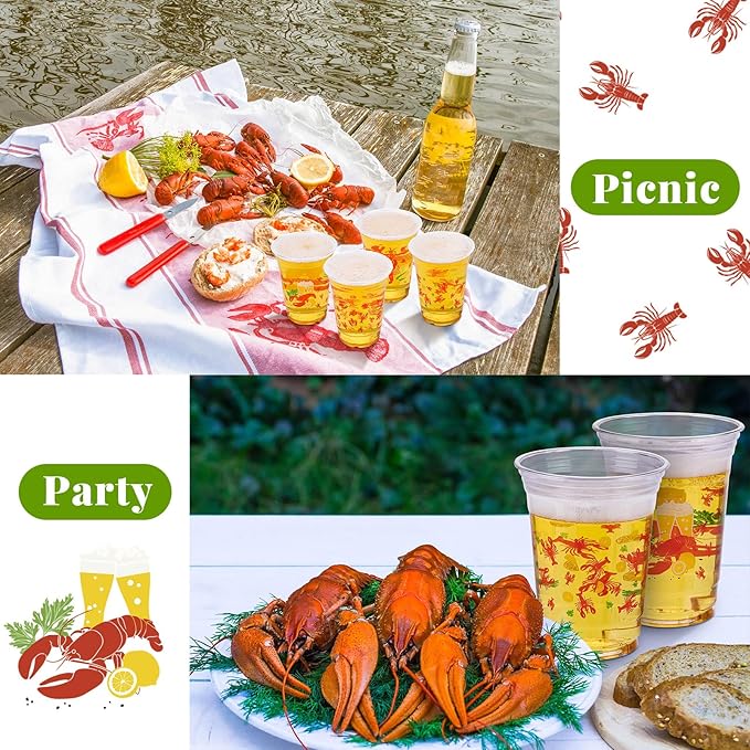 Kochorie 16 Oz Plastic Crawfish Boil Cups 60 Pcs Crawfish Party Supplies Clear Cups Plastic Drinking Cup Lobster Cups Crawfish Boil Party Cups for Lobster Seafood Party Birthday Decoration