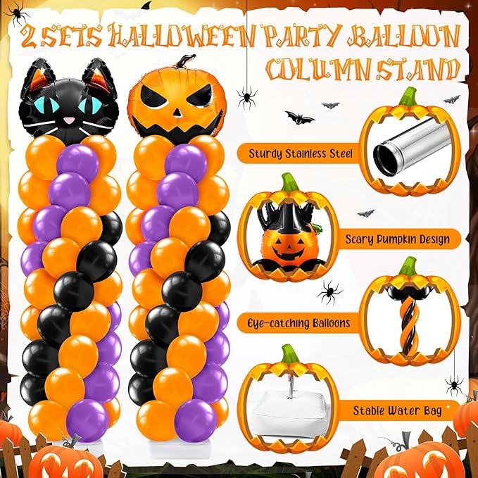 Kasyat 2 Set Halloween Balloon Column Stand Kit with Cat Head Scary Pumpkin Foil Balloon Orange Black Purple Arch Garland Kit for Spooky Birthday Party Halloween Theme Decoration