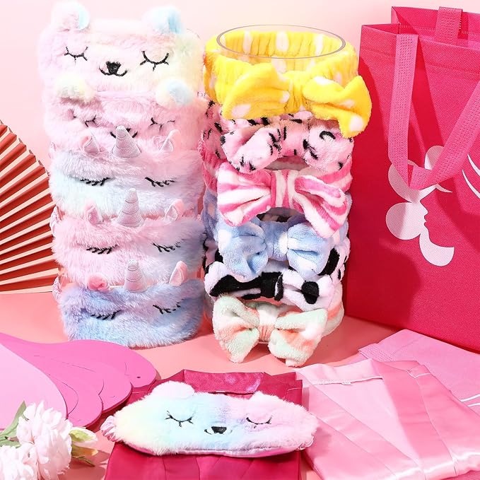 Bonuci 50 Pcs Spa Party Supplies for Girls, 10 Satin Robe 10 Kids Slippers Sleepover Birthday Spa Party Favors