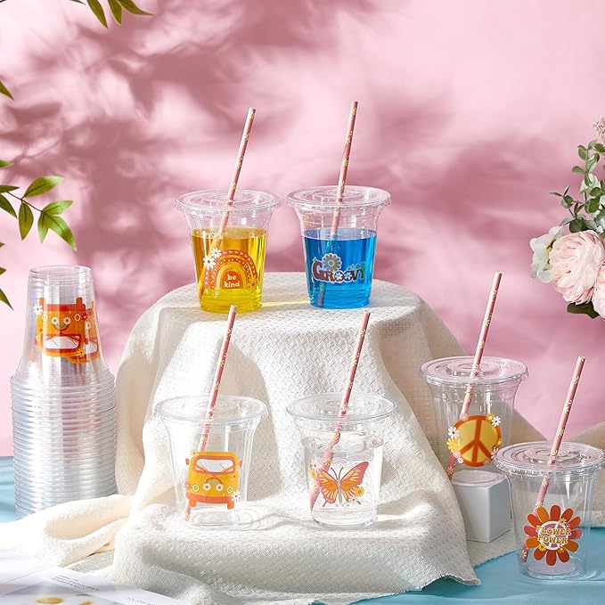 Boao 36 Sets Groovy Party Cups with Lids and Paper Straws 14 oz Retro Birthday Party Supplies Favors Decorations Hippie Boho Disposable Clear Plastic Cups Bulk Daisy Flower Favors