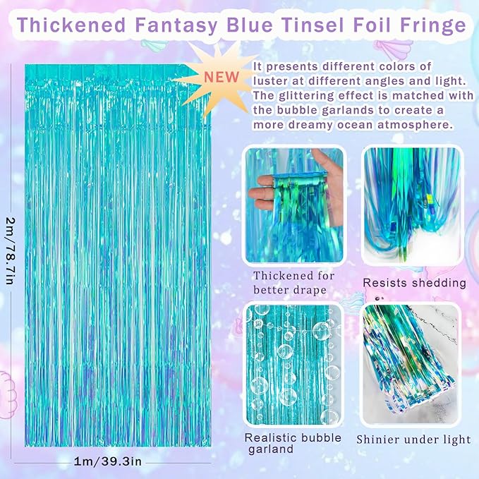 Mermaid Birthday Decorations, Birthday Decorations for Girls Women, Little Mermaid Under the Sea Party Decor Supplies with Mermaidtail Balloons Bubble Garland banner Fringe Backdrop Cake Topper