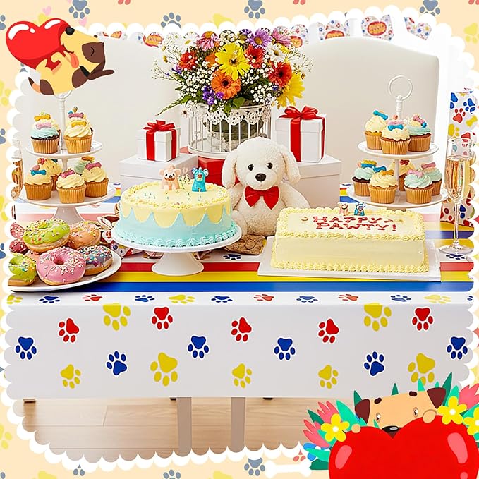 Newwiee 3 Pcs Puppy Paw Print Tablecloth Plastic Disposable Colorful Table Cover Dog Table Cloth 108 x 51'' Paw Print Party Supplies for Dog Pet Themed Party Decorations Favors (Red, Yellow, Blue)