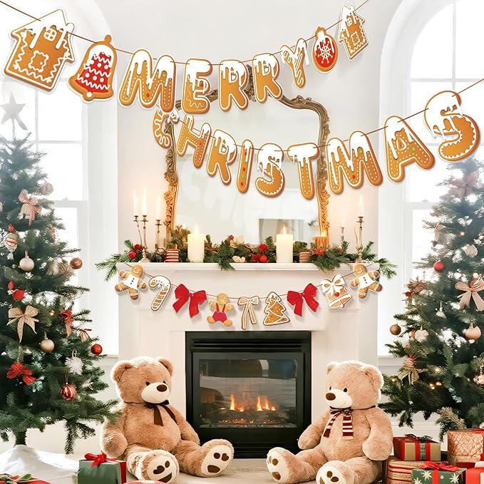 PAPER JAZZ Gingerbread Christmas Decoration Merry Christmas Banner,3 Pcs Gingerbread Christmas Garland,Xmas Backdrop Cute Hanging Decor for Wall, Tree, Door, Yard, Home, Office, Indoor Outdoor.
