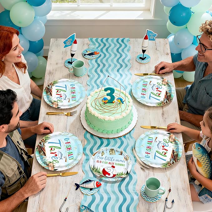 96Pcs Fishing 3rd Birthday Party Decorations Gone Fishing Three Paper Plates and Napkins Ofishally Three Disposable Tableware Set for Fisherman Baby Shower 3rd Birthday Party Supplies, Serves 24