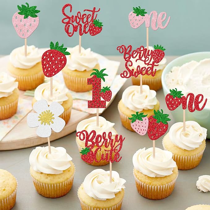 30 PCS Sweet One Strawberry Cupcake Toppers Glitter Sweet Berry 1st Birthday Cupcake Picks Strawberry Birthday Decorations for Baby Shower Kids First Birthday Party Cake Decorations Supplies