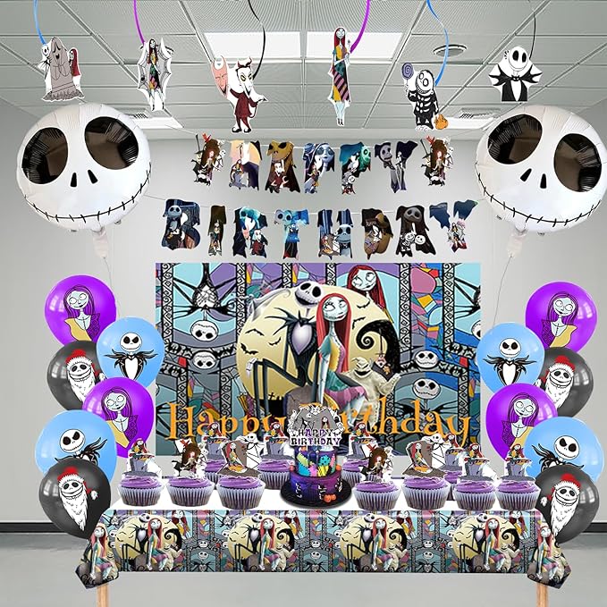 Birthday Party Decorations, Magical Wizard Pirate Halloween Horror Night Themed Party Supplies - Happy Birthday Banner, Balloons, Backdrop, Tablecloth, Cake Inserts Set-Black