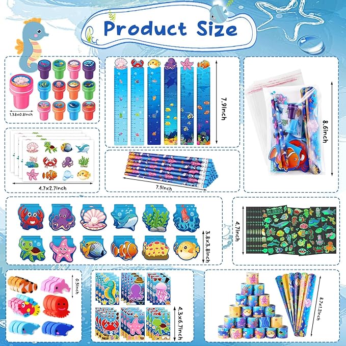 BenLouis 240Pcs Under the Sea Party Favors Ocean Animals Party Stampers Stickers School Stationery Bulk for Kids Sea Shark Birthday Mermaid Party Goodie Bag Stuffer Classroom Gifts Rewards Supplies