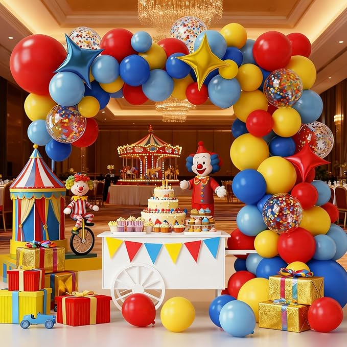 RUBFAC Carnival Circus Balloon Garland Arch Kit, 120pcs Red Blue Yellow Primary Color Balloons Rainbow Multicolor Confetti and Star Foil Balloons for Birthday Party Carnival Theme Decorations