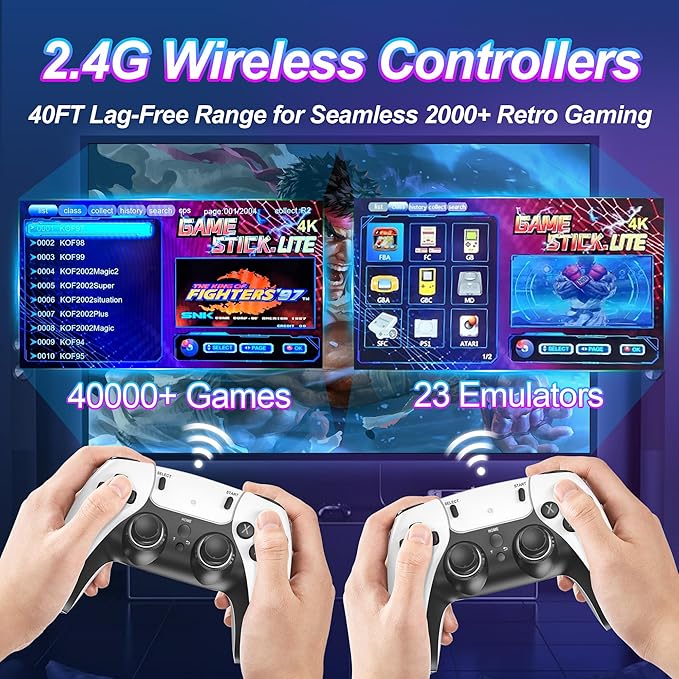 Retro Game Stick with 40,000+ Classic Games, 23 Emulators, Plug & Play 4K HDMI Output,Dual 2.4G Wireless Controllers,64GB TF Card, Multiplayer Arcade Console for TV, Family & Kids Gift, 2026 Editions