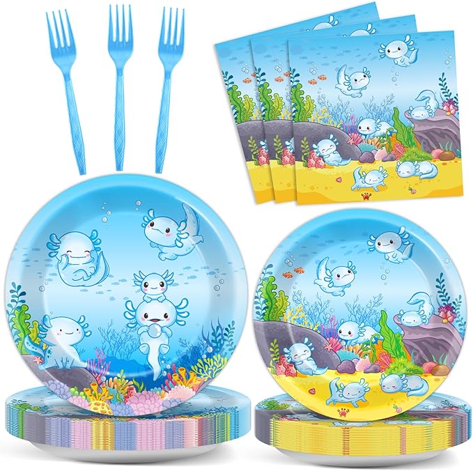 chiazllta 96pcs Blue Axolotl Plates and Napkins Party Supplies Reptile Animals Tableware Set Girl Boy Axolotl Party Decorations Favors for Axolotl Birthday Baby Shower Serves 24 Guests