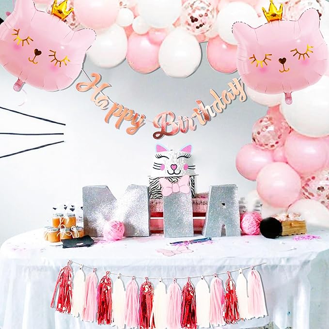 Cat Birthday Party Decoration Kitty Cat Balloons Cat Kitty Birthday MEOW Banner Meow Party Supplies Pink Cat Kitty Cake Decoration