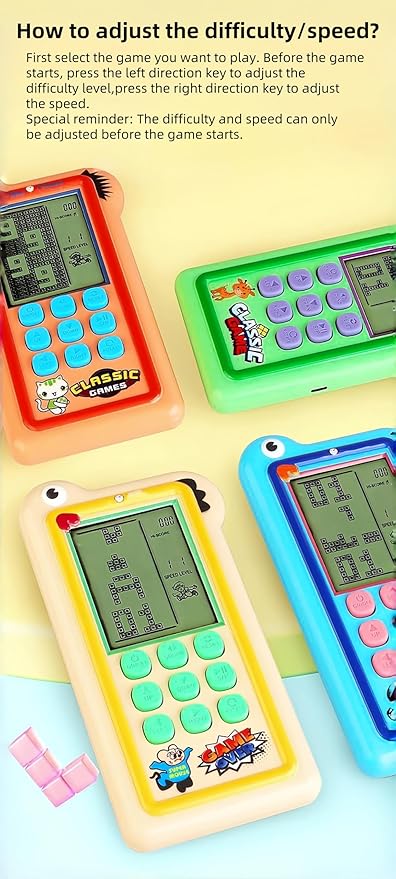 Cartoon Block Game Console Big Screen 23/26 Bricck Game Dual Mode Silicone Buttons Dual Powered by Rechargeable Lithium Battery/AA Retro Handheld Portable Toy Children/Teens Gifts (Khaki)
